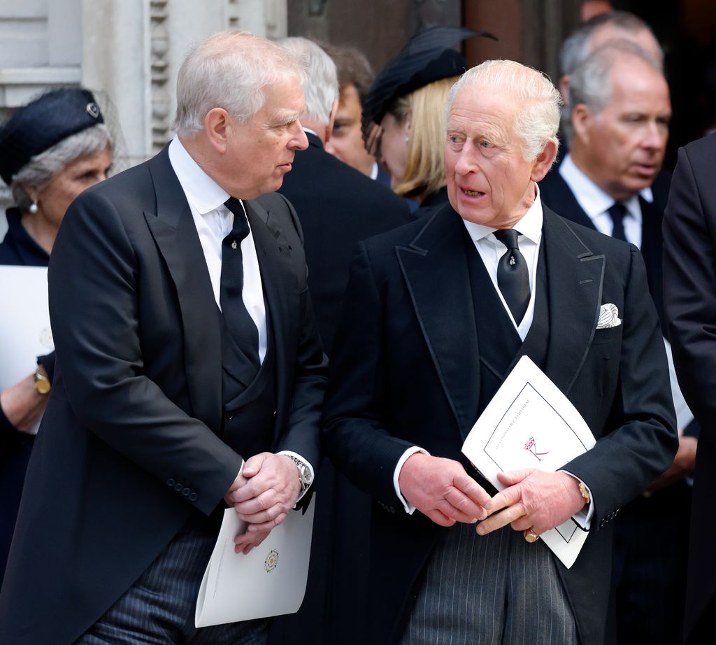 Prince Andrew, Duke of York and King Charles III attend Katharine, Duchess of Kent's Requiem Mass service at Westminster Cathedral 