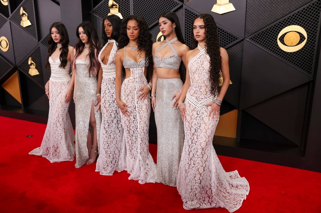 Katseye’s Yoonchae Jeung, Megan Skiendiel, Lara Raj, Manon Bannerman, Sophia Laforteza and Daniela Avanzini on the red carpet at the 68th Grammy Awards on February 1. Photo: EPA