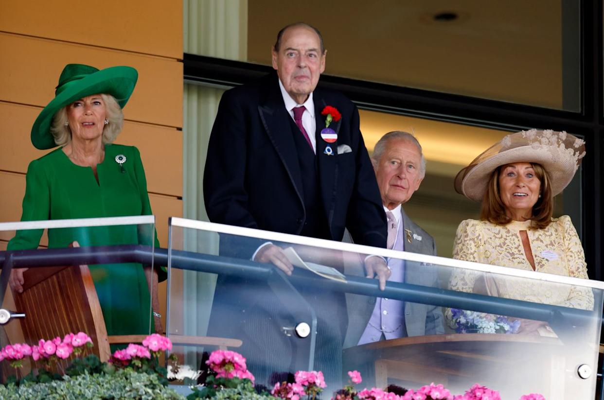 Queen Camilla, Lord Nicholas Soames, King Charles, and Carole Middleton at Royal Ascot in 2025. Getty Images