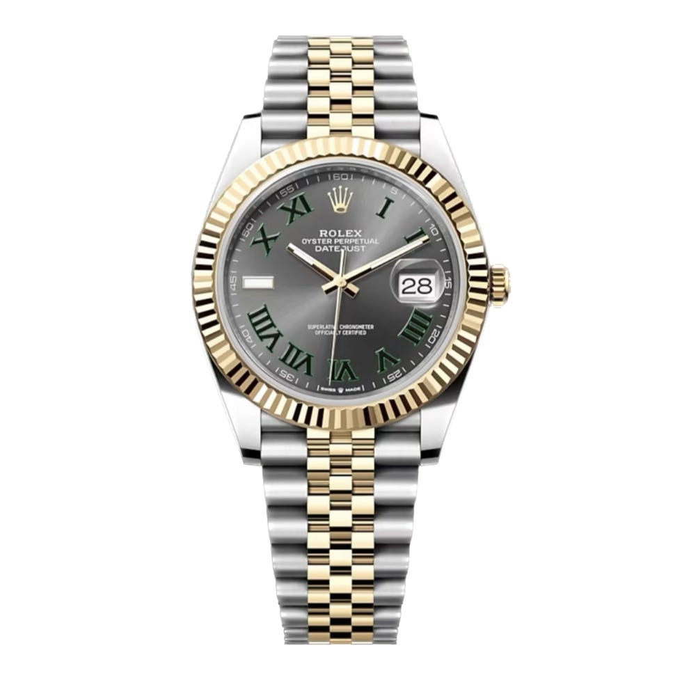 rolex watch featuring a gray dial with green roman numerals