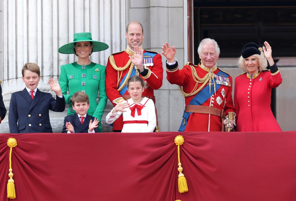 london, england june 17: king charles iii and queen camilla wave alongside prince william, prince of wales, prince louis of wales, catherine, princess of wales and prince george of wales on the buckingham palace balcony during trooping the colour on june 17, 2023 in london, england. trooping the colour is a traditional parade held to mark the british sovereigns official birthday. it will be the first trooping the colour held for king charles iii since he ascended to the throne. (photo by chris jackson/getty images)
