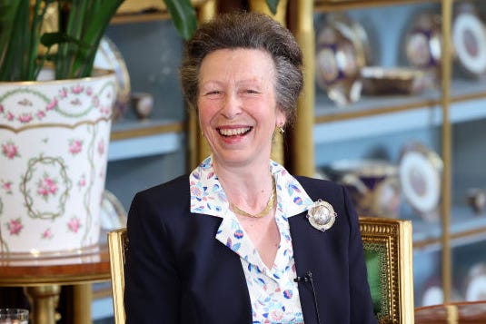 windsor, england september 06: princess anne, princess royal, attends the recording of a special episode of the good, the bad and the rugby podcast, in the green drawing room at windsor castle, on september 06, 2023 in windsor, england. the good, the bad and the rugby podcast included trh the prince and princess of wales, and the princess royal, in their respective roles as patrons of the welsh rugby union (wru), the rugby football union (rfu), and the scottish rugby union (sru), to mark the start of the rugby world cup. the podcast is co hosted by mike tindall, james haskell (to the left of mike in the images) and alex payne. (photo by chris jackson/getty images for kensington palace)