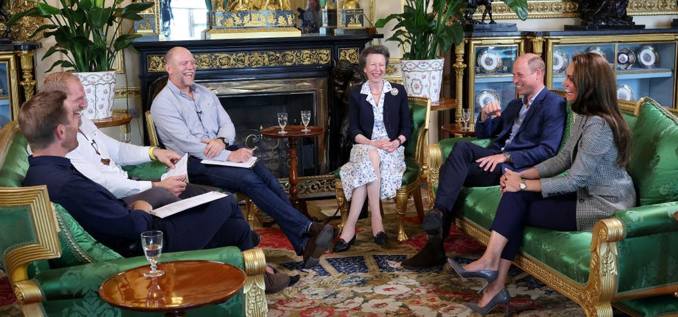 windsor, england september 06: mike tindall, princess anne, princess royal, prince william, prince of wales and catherine, princess of wales attend the recording of a special episode of the good, the bad and the rugby podcast, in the green drawing room at windsor castle, on september 06, 2023 in windsor, england. the good, the bad and the rugby podcast included trh the prince and princess of wales, and the princess royal, in their respective roles as patrons of the welsh rugby union (wru), the rugby football union (rfu), and the scottish rugby union (sru), to mark the start of the rugby world cup. the podcast is co hosted by mike tindall, james haskell (to the left of mike in the images) and alex payne. (photo by chris jackson/getty images for kensington palace)