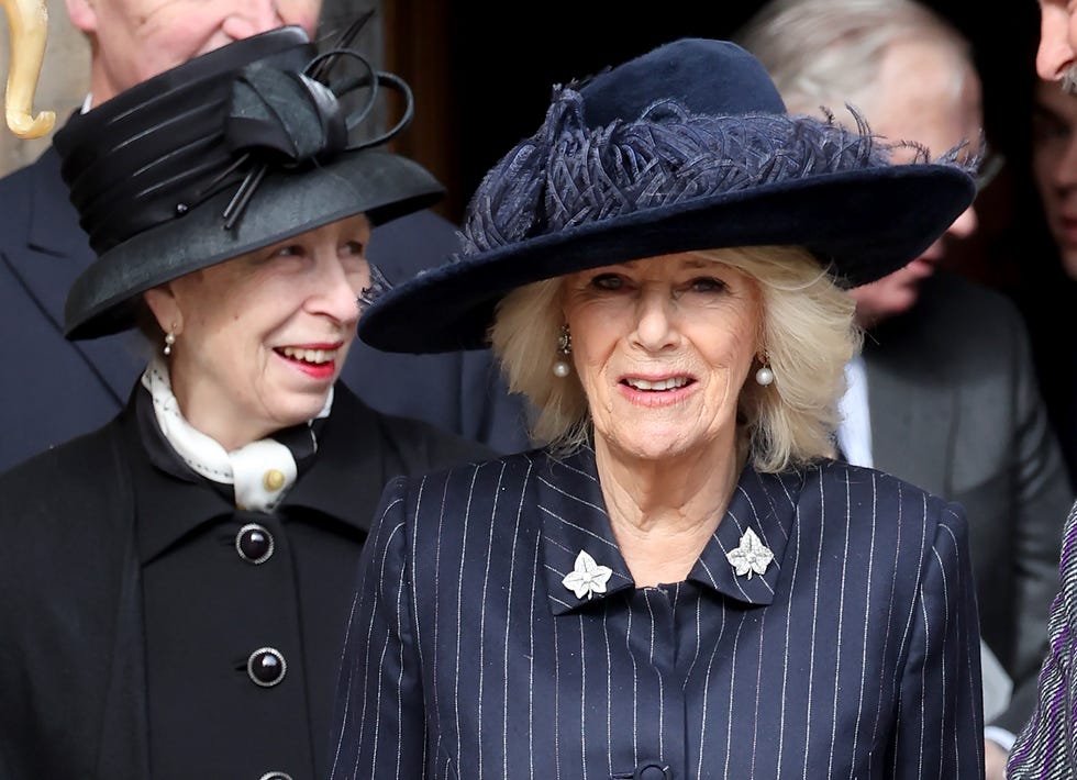 windsor, england february 27: queen camilla and princess anne, princess royal departs the thanksgiving service for king constantine of the hellenes at st georges chapel on february 27, 2024 in windsor, england. constantine ii, head of the royal house of greece, reigned as the last king of the hellenes from 6 march 1964 to 1 june 1973, and died in athens at the age of 82. (photo by chris jackson/getty images)