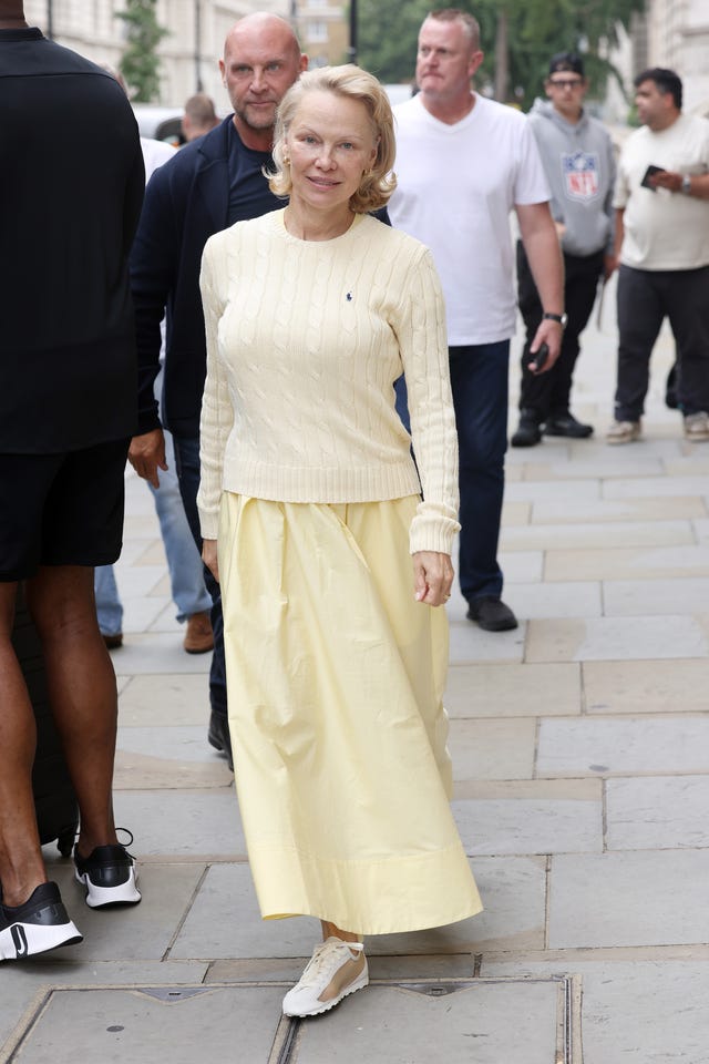 london, england july 23: pamela anderson leaving the corinthia hotel whilst promoting new movie 'the naked gun' on july 23, 2025 in london, england. (photo by neil mockford/gc images)