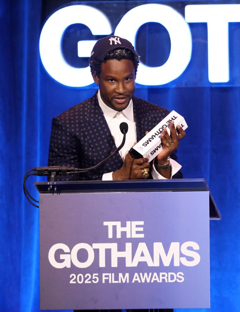 Akinola Davies Jr. receiving the breakthrough director award at the Gothams in December.