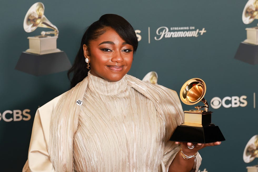 los angeles, ca february 1, 2026 samara joy hold the grammy for best jazz vocal album portrait at the 68th grammy awards in los angeles, ca, sunday, feb. 1, 2026. (allen j. schaben / los angeles times via getty images)