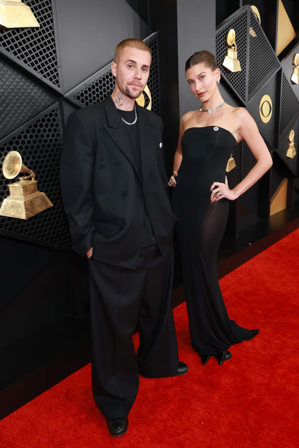 los angeles, california february 01: (l r) justin bieber and hailey bieber attend the 68th grammy awards on february 01, 2026 in los angeles, california. (photo by kevin mazur/getty images for the recording academy)