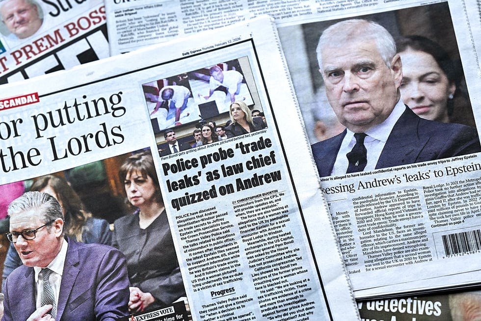 UK Front Pages Report On Possible Further Royal Links To Jeffrey Epstein london, england february 12: in this photo illustration, multiple british newspapers with an image and joining story of andrew mountbatten windsor are seen on february 12, 2026 in london, england. buckingham palace has said it will support police in the investigation into andrew mountbatten windsors links to jeffrey epstein, with a statement from the prince and princess of wales saying they were deeply concerned by the latest revelations about epstein. (photo by gareth cattermole/getty images)