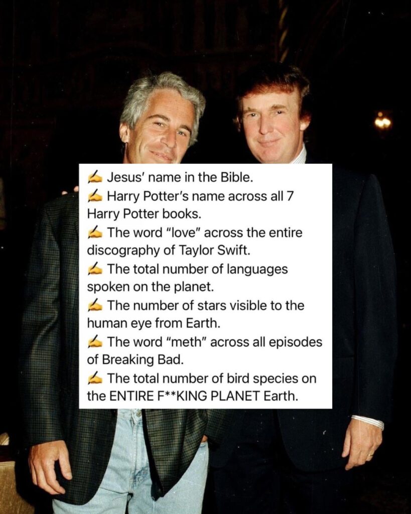 Things that come up LESS than Donald Trump’s name in the Epstein files