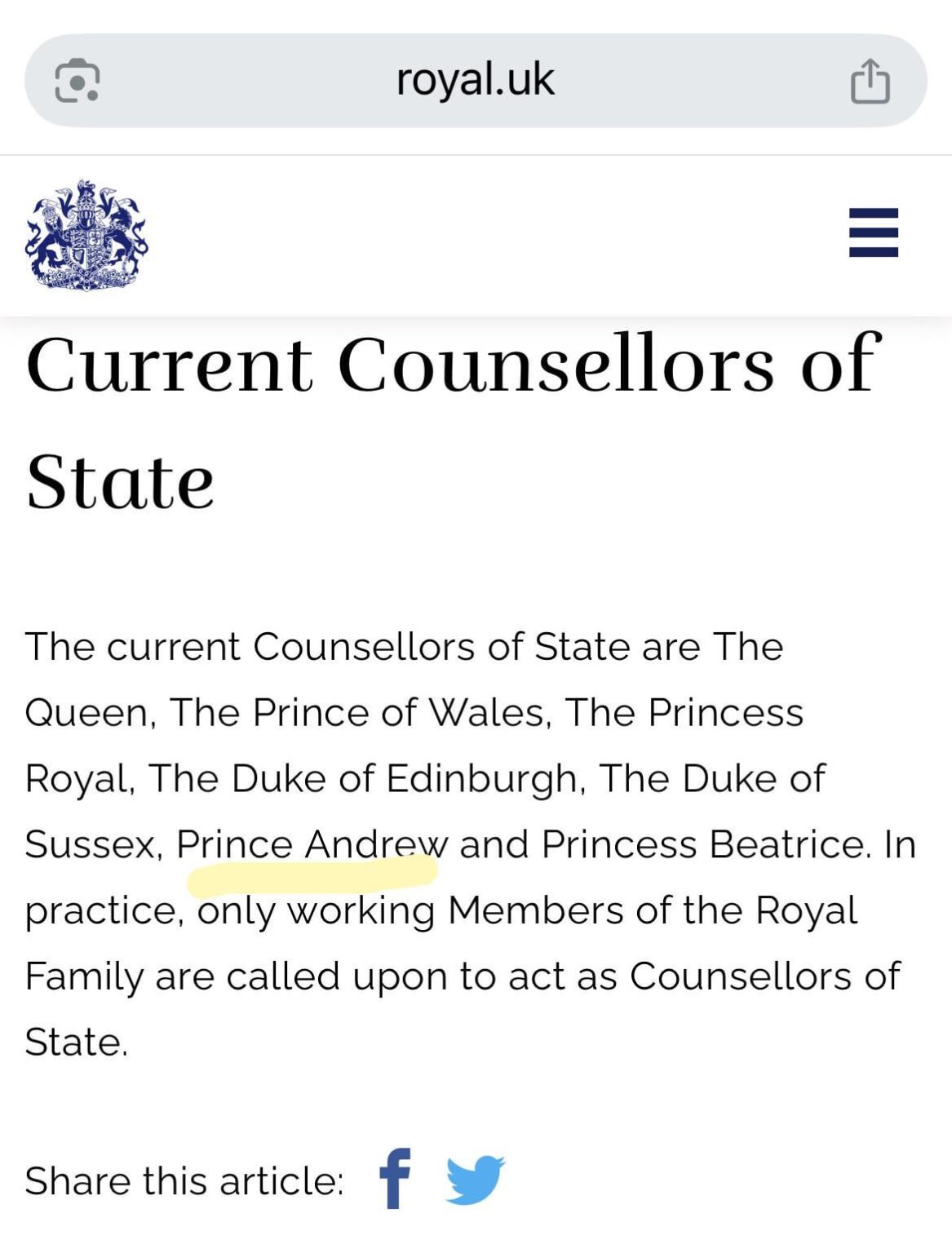 Royal.uk’s page on counsellors of state still has Andrew listed as a Prince