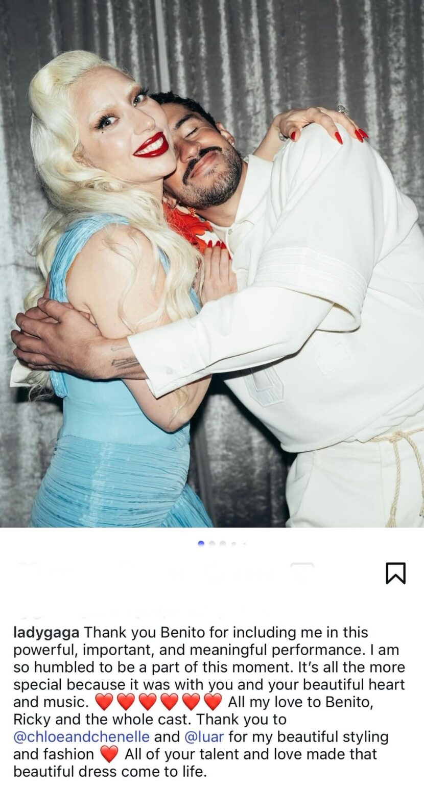 Lady Gaga thanks Bad Bunny for letting her join his Super Bowl Halftime Show: “Thank you Benito for including me in this powerful, important, and meaningful performance. I am so humbled to be a part of this moment.”