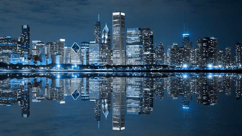 Chicago at night reflected in the water