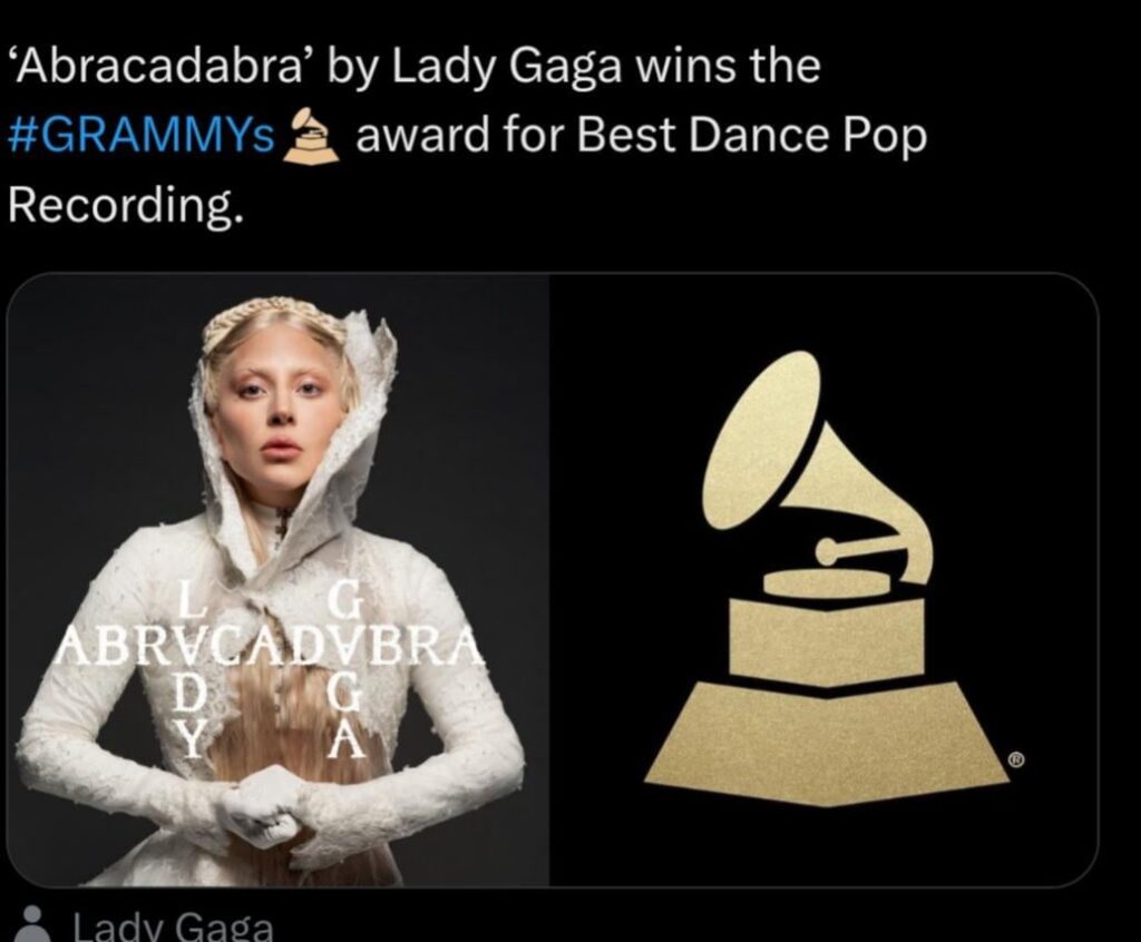 ‘Abracadabra’ by Lady Gaga wins the GRAMMYs award for Best Dance Pop Recording!!
