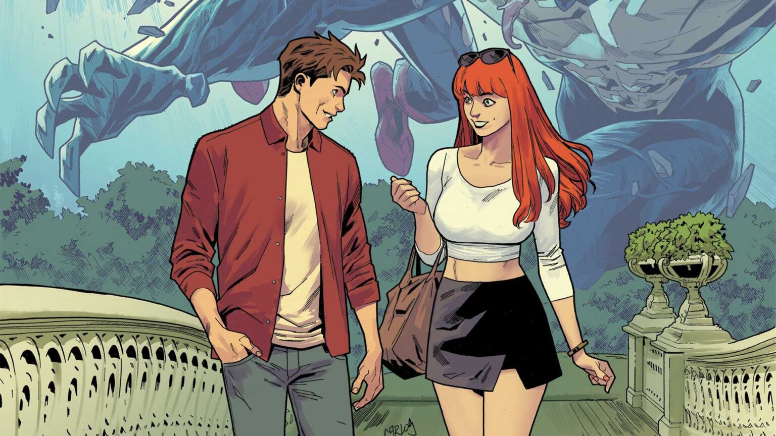 Peter Parker and Mary Jane Watson walking together with an image of Spider-Man fighting Venom in the background