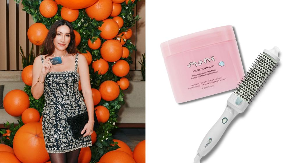 Celebrity Stylist Jen Atkin’s Top Products for Red Carpet Hair at Home hair stylist jen atkin posing at a capital one event, holding the company's venture x business credit card; a mane hair mask and hot brush overlaid on a white background