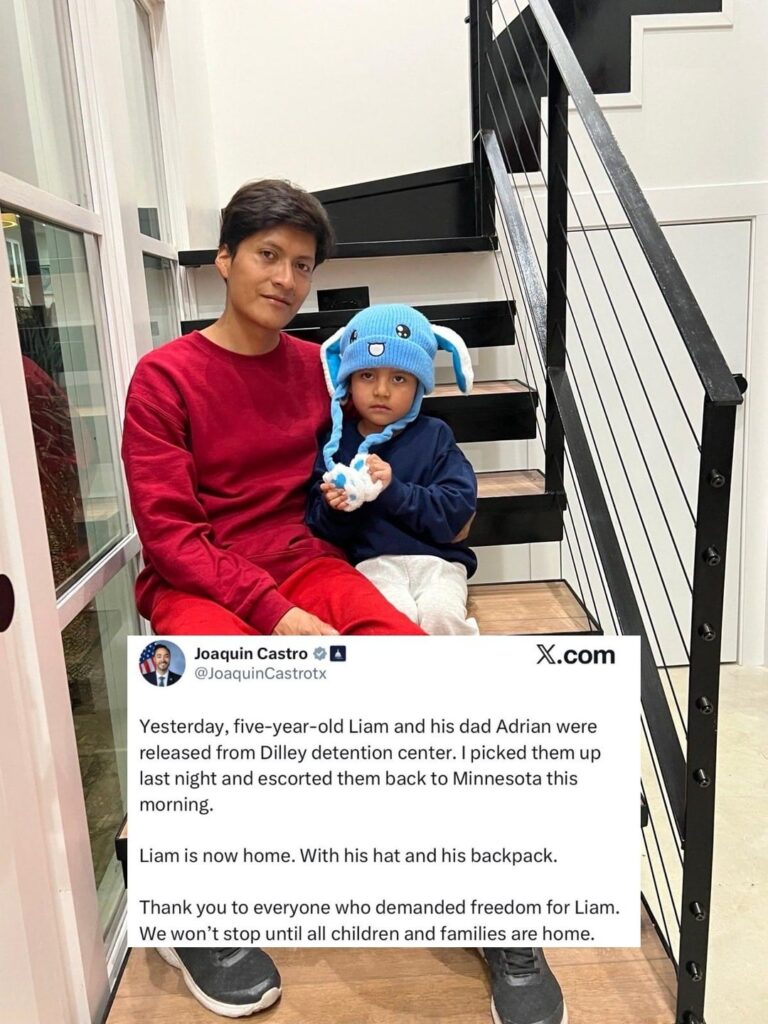 Rep. Joaquin Castro confirms that 5-year-old Liam Conejo Ramos & his dad Adrian have safely returned to Minnesota after being released by ICE custody: “Liam is now home. With his hat and his backpack.”