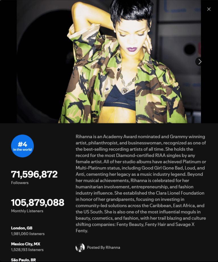 Rihanna surpasses Taylor Swift to become female artist with most monthly Spotify listeners, 10 years after last album.