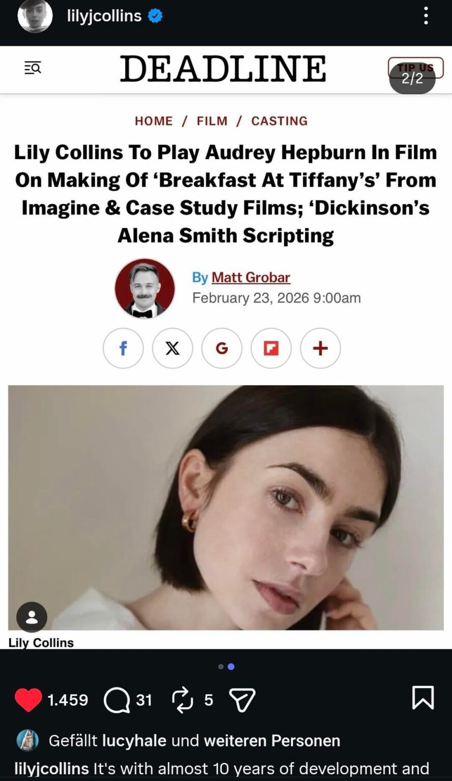 Lily Collins cast as Audrey Hepburn in biopic