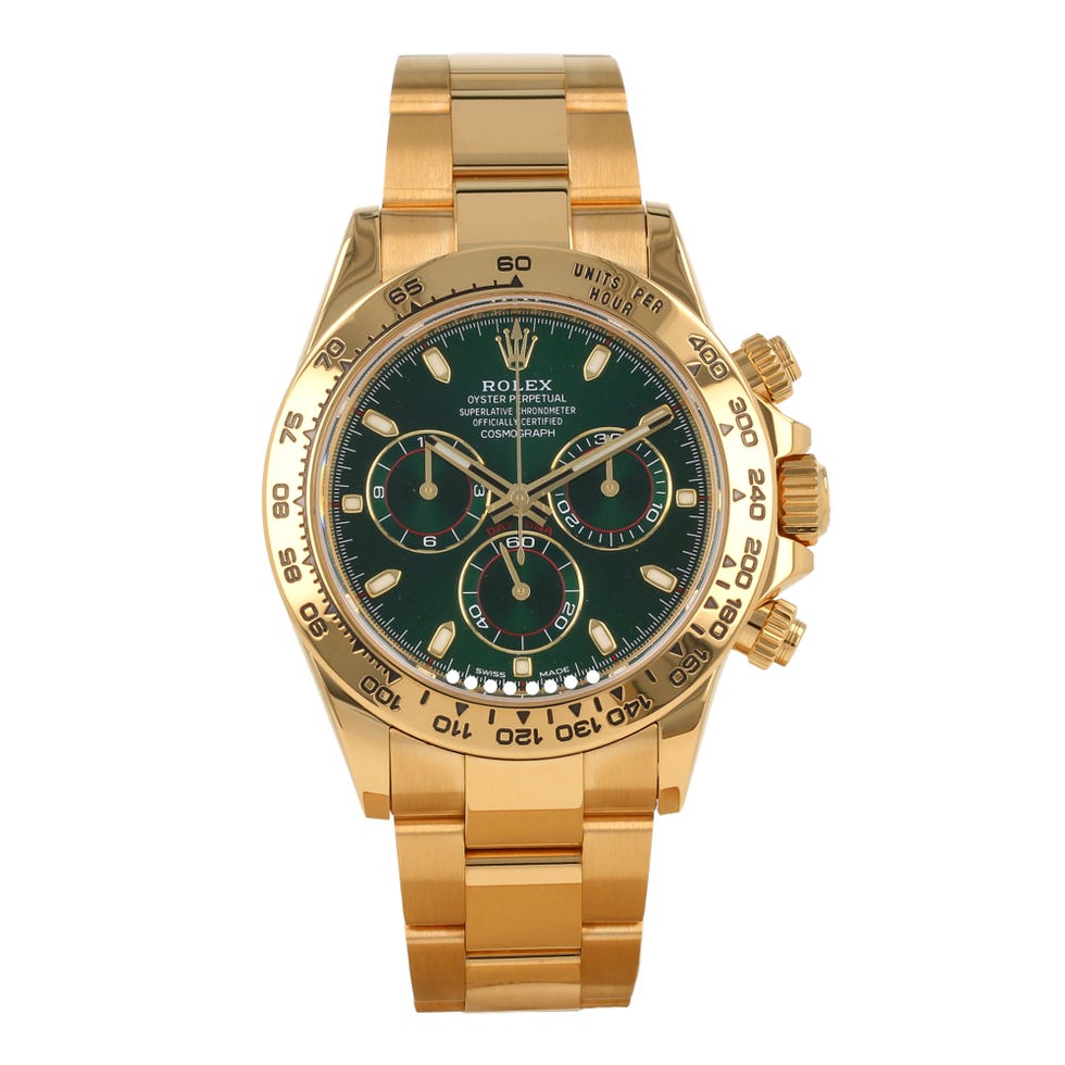 luxury chronograph watch with gold case and green dial