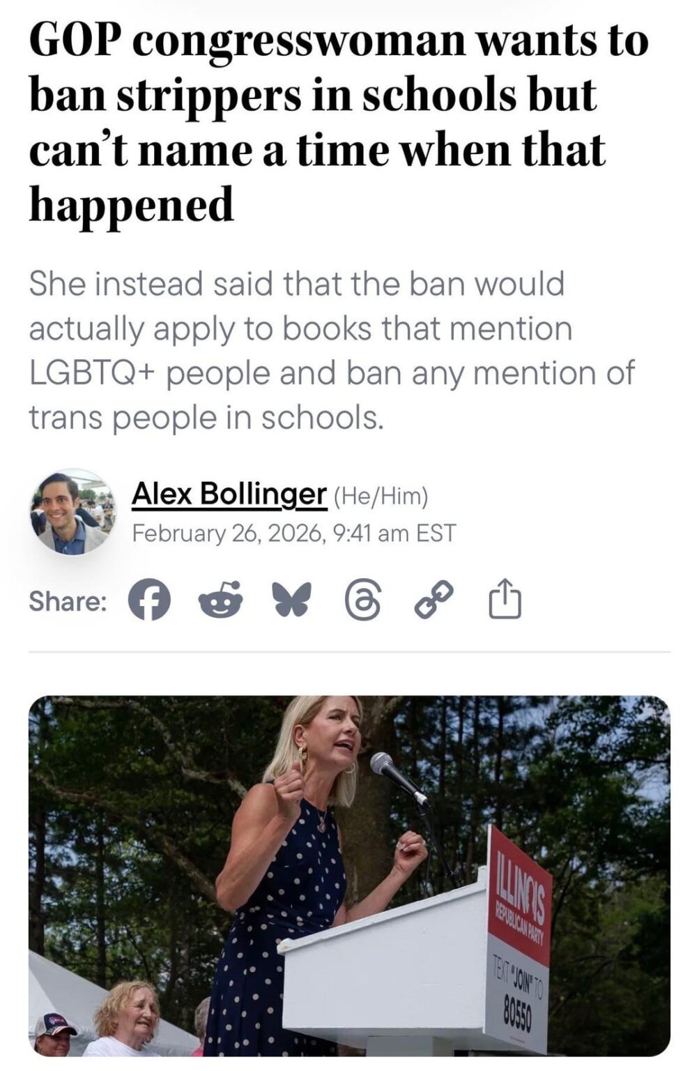 GOP congresswoman wants to ban strippers in schools but can’t name a time when that happened. She instead said that the ban would actually apply to books that mention LGBTQ+ people and ban any mention of trans people in schools.
