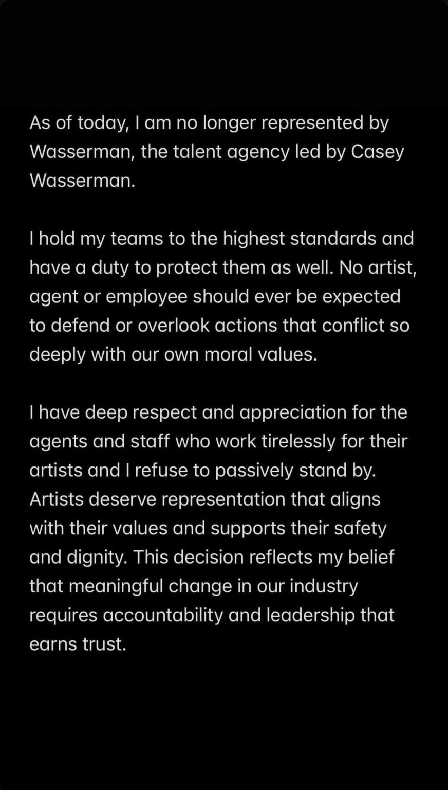 Chappell Roan has left  Wasserman agency amid founder-CEO’s ties to Jeffrey Epstein: “Artists deserve representation that aligns with their values and supports their safety and dignity. This decision reflects my belief that meaningful change in our industry requires accountability”