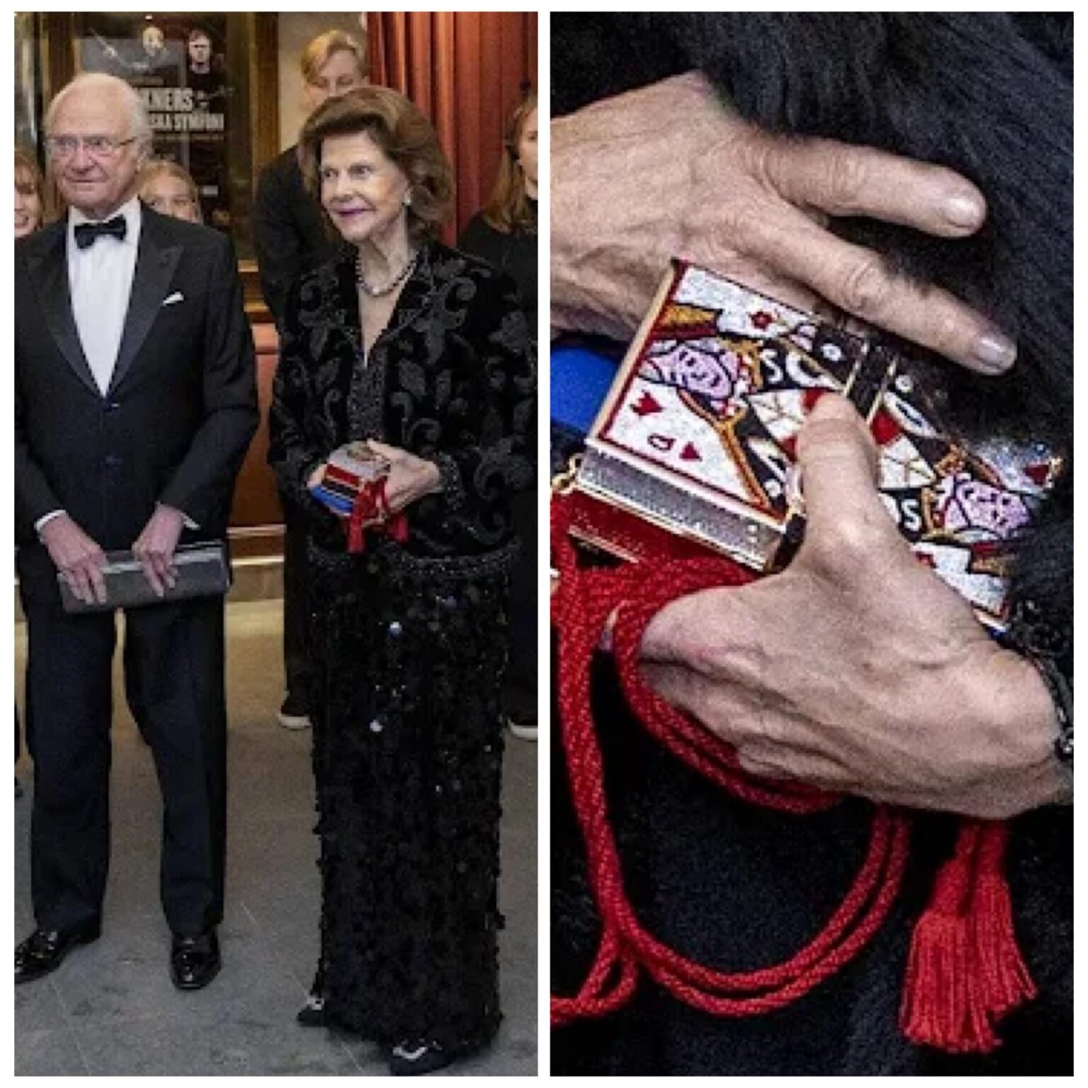 Queen Silvia carries adorable Queen of Hearts clutch to the opera