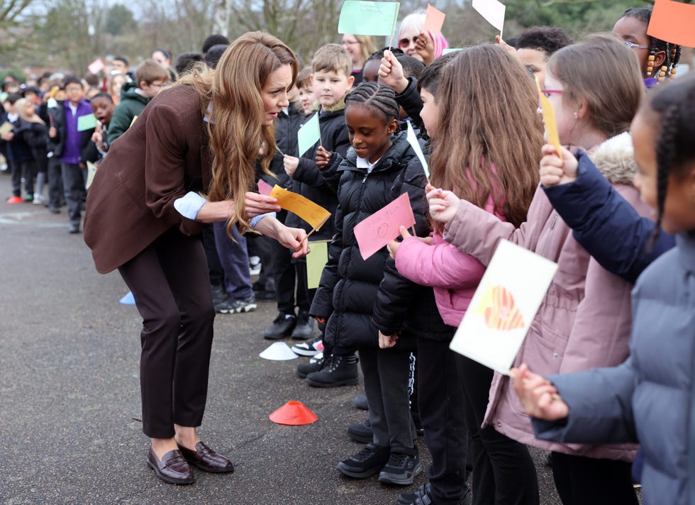 croydon, england february 12: catherine, princess of wales speaks to children as she visits castle hill academy in new addington, croydon to mark childrens mental health week 2026 as a patron of place2be, a uk childrens mental health charity on february 12, 2026 in croydon, england. (photo by richard pohle wpa pool/getty images)