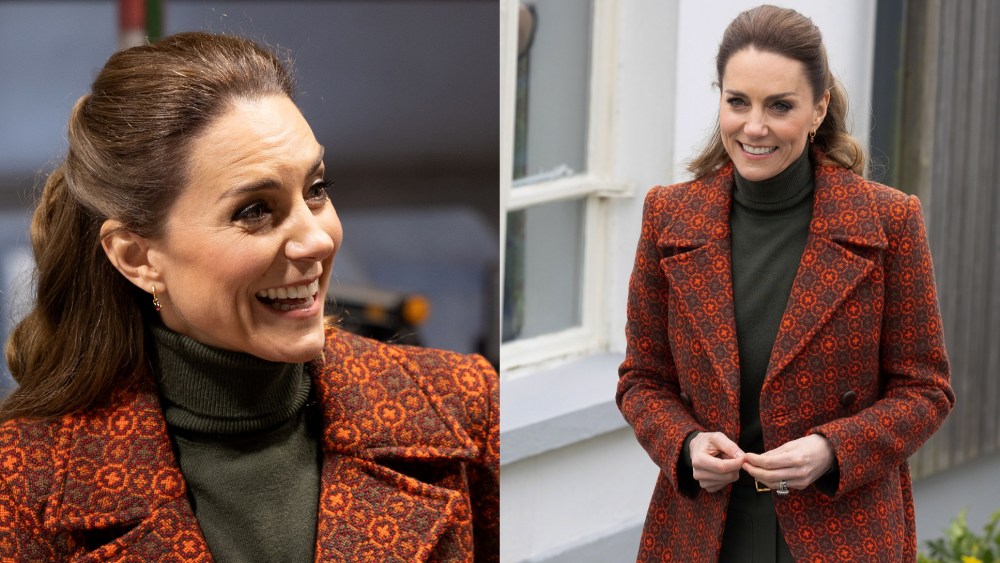 Kate Middleton wears a vintage 1960s coat during a visit to Hiut Denim on Feb. 3 in Cardigan, Wales.