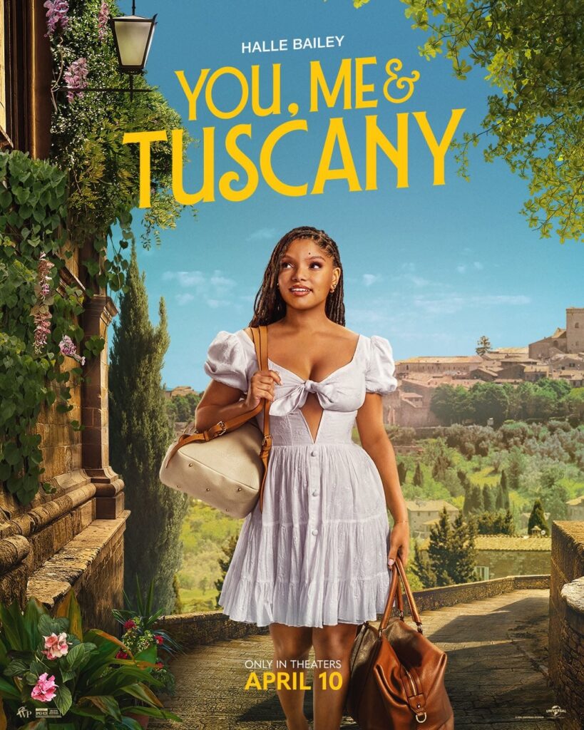 Posters of Kat Coiro’s ‘YOU, ME & TUSCANY’ starring Halle Bailey and Regé-Jean Page.