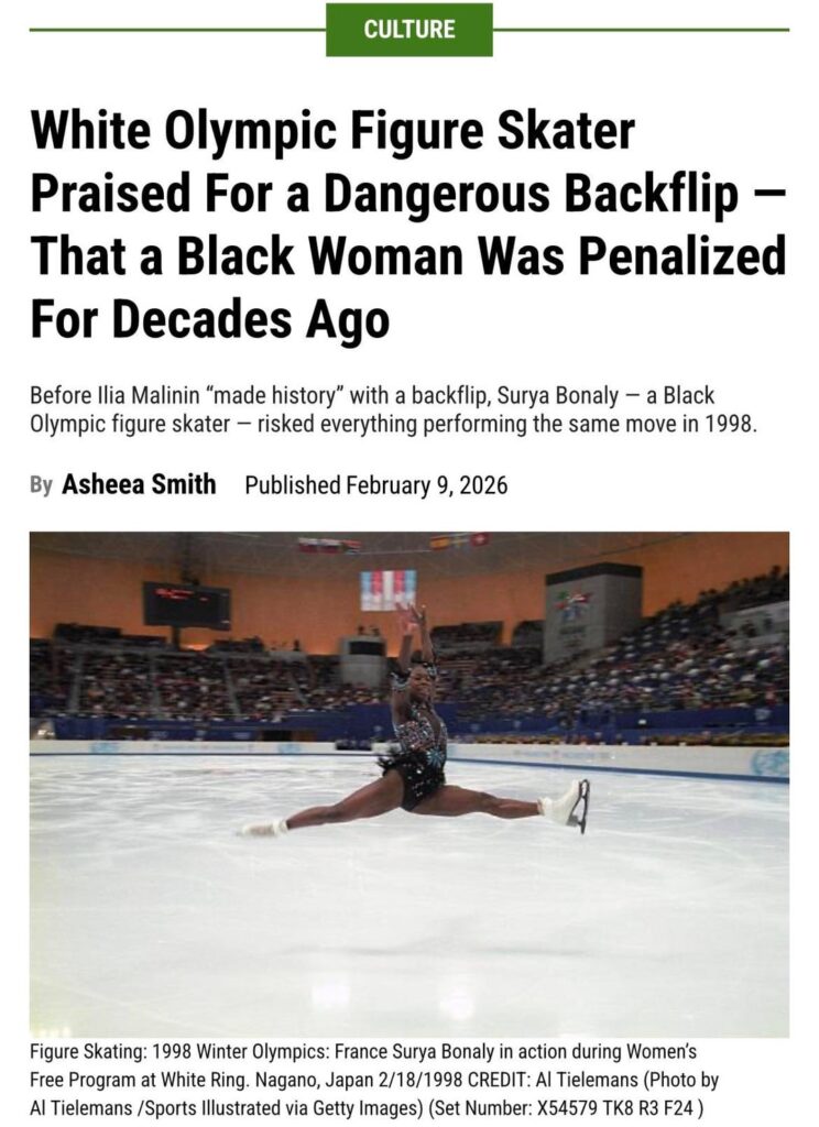 White Olympic Figure Skater Praised For a Dangerous Backflip — That a Black Woman Was Penalized For Decades Ago | Before Ilia Malinin “made history” with a backflip, Surya Bonaly — a Black Olympic figure skater — risked everything performing the same move in 1998.