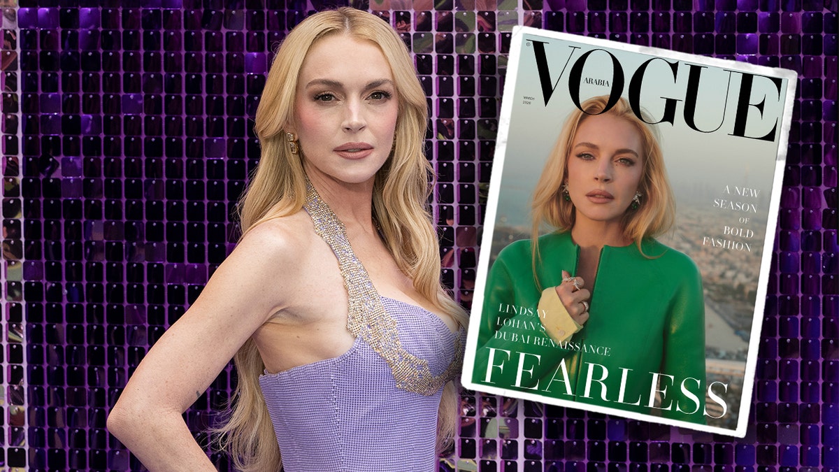 A split image of Lindsay Lohan at the Freakier Friday premiere and on the cover of Vogue Arabia.