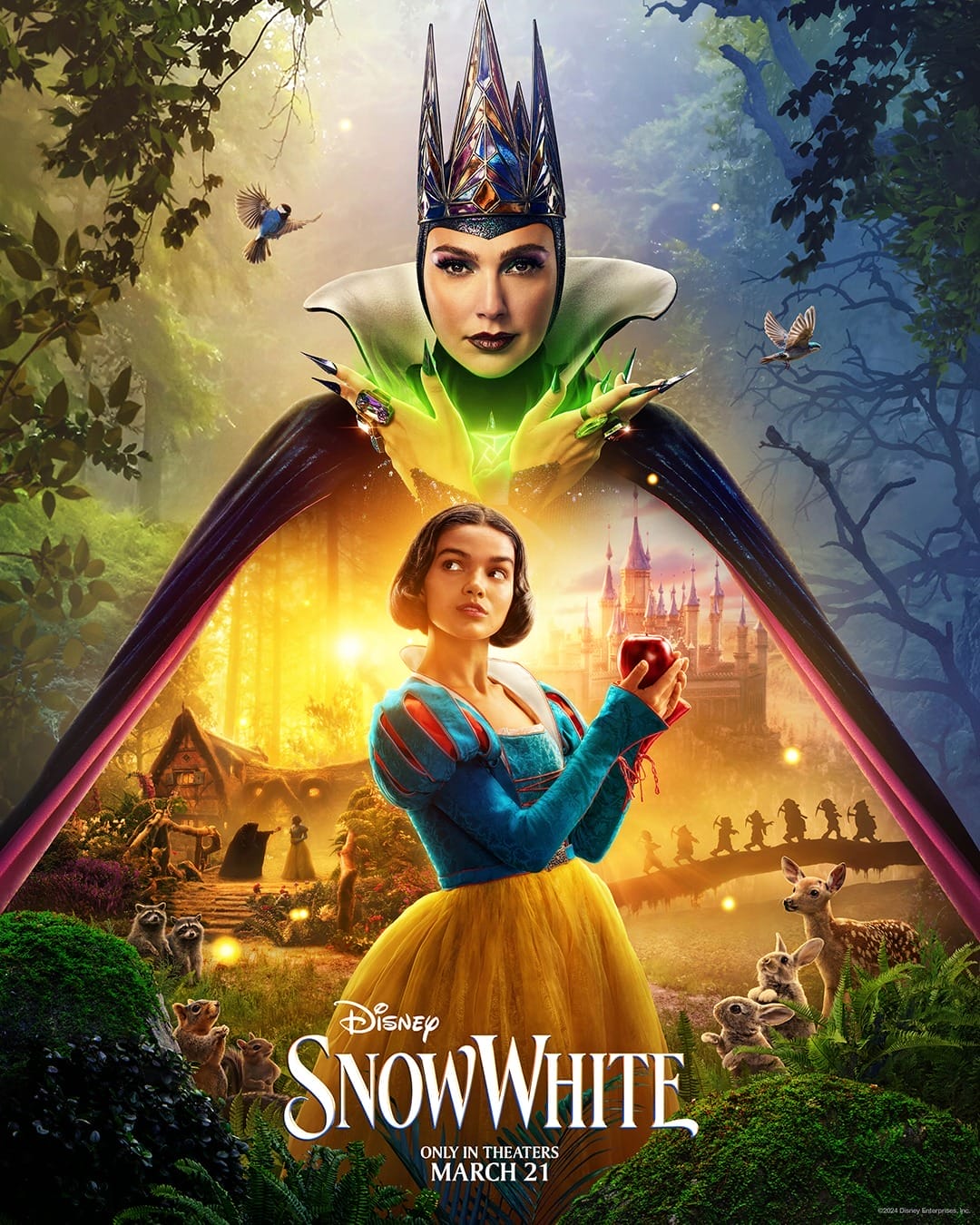 Disney's live-action "Snow White" poster showcases the enchanting Snow White holding an apple, the menacing Evil Queen looming above, and a serene forest scene filled with animals. Don't miss this magical adaptation hitting theaters on March 21.