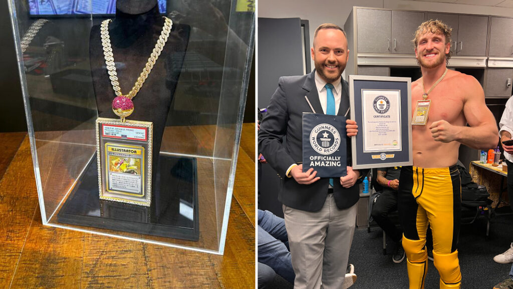 Split image of a Pikachu Illustrator Pokemon card in a glass protective box and Logan Paul standing next to a Guinness World Records adjudicator wearing the Pokemon card and holding a certificate