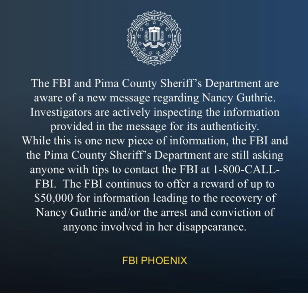 Officials aware of "new message" about Nancy Guthrie