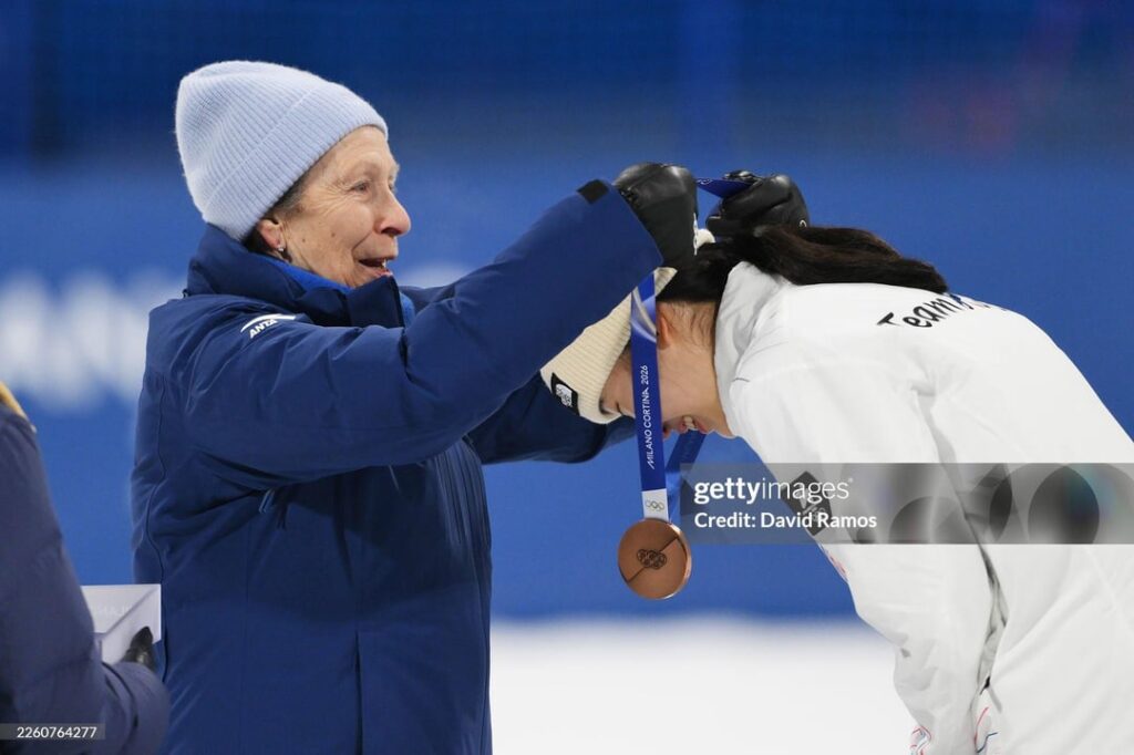 Princess Anne presents the gold medal to Japan's Kokomo Murase and bronze medal to Korea's Seungeun Yu for Women’s Snowboard Big Air