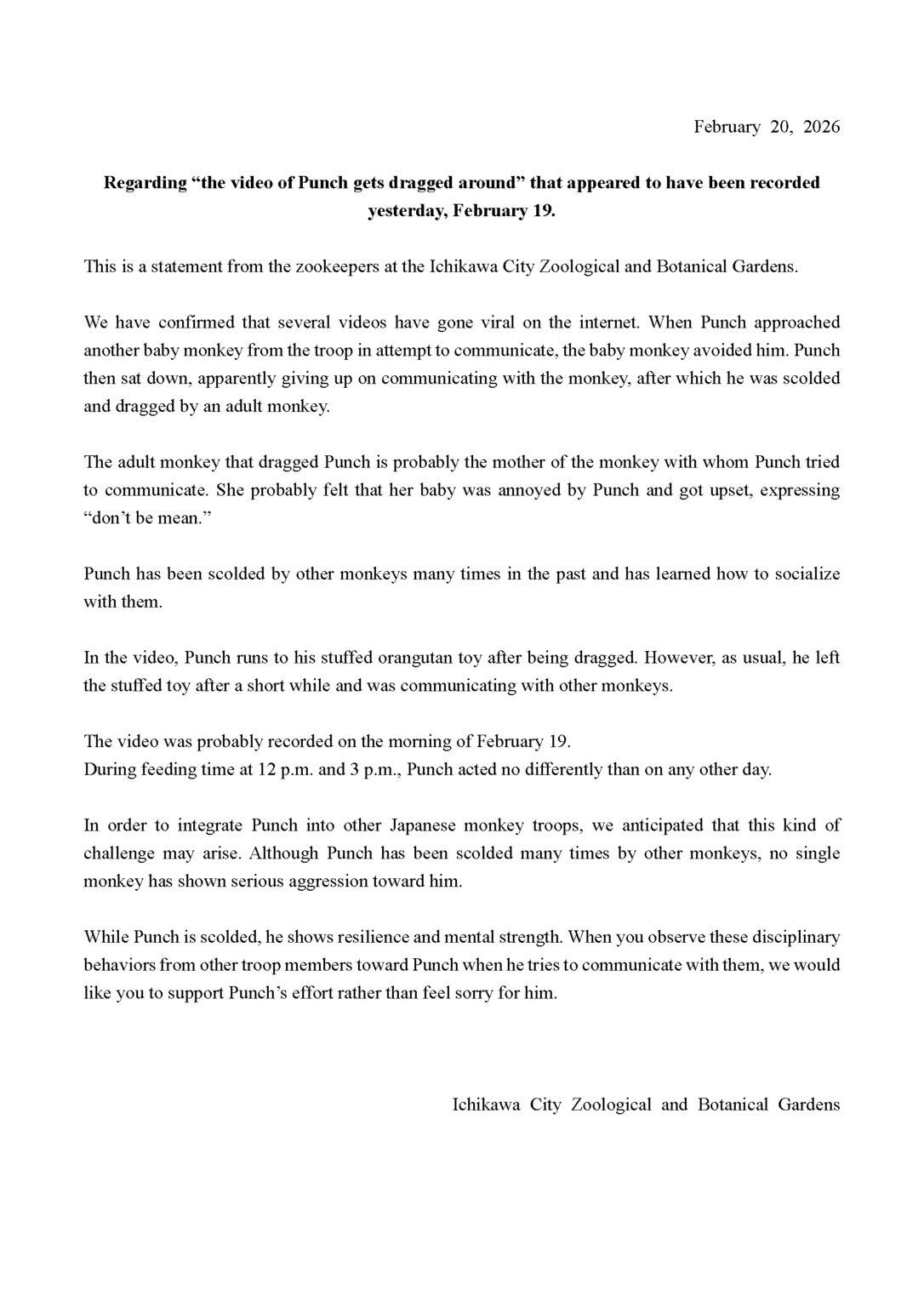 Ichikawa Zoo's statement regarding the video of Punch getting dragged: "Punch has been scolded many times and has learned how to socialize. While Punch is scolded, he shows resilience and mental strength. We would like you to support Punch's effort rather than feel sorry for him."