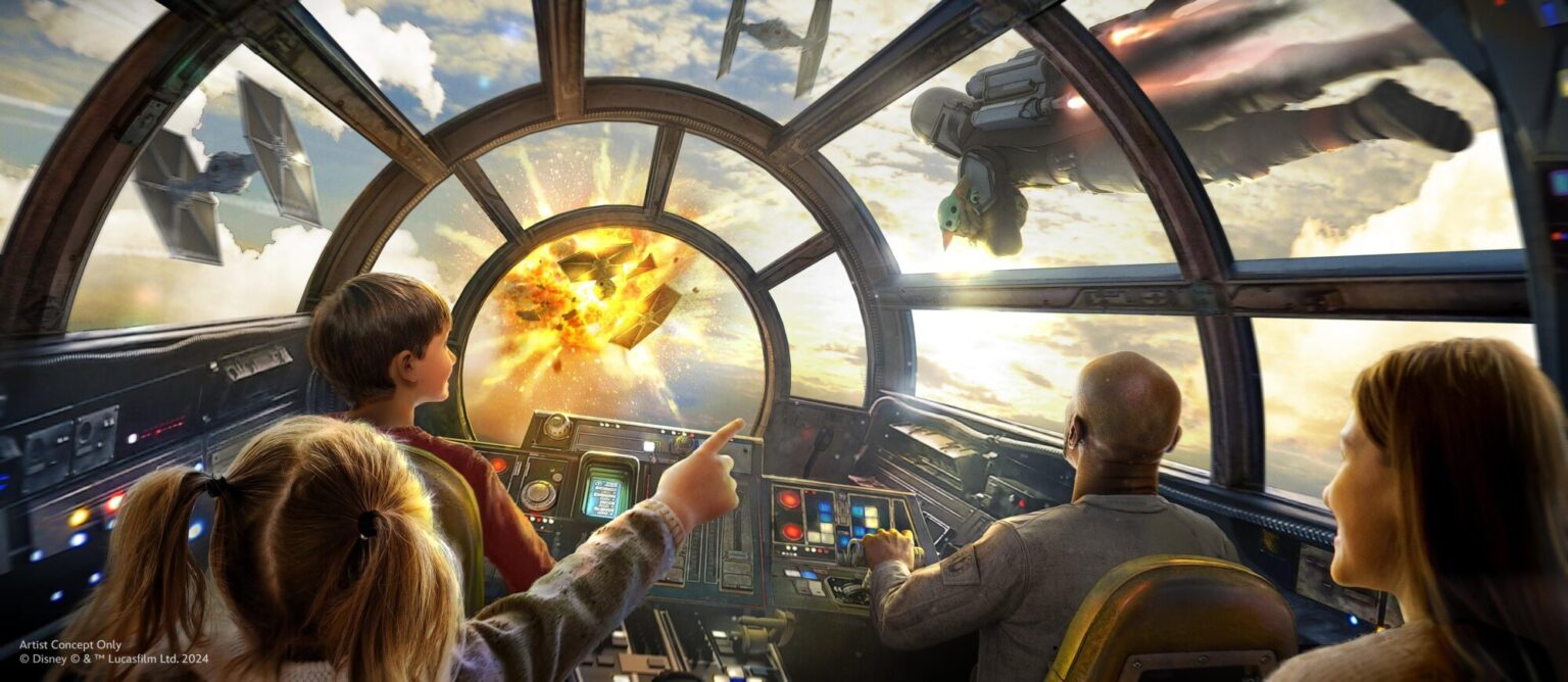 Three people inside a spacecraft cockpit observe a fiery explosion outside while one of them points towards it. A figure in a Mandalorian suit is visible floating outside the window.