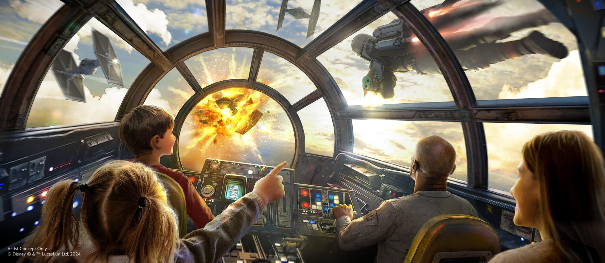 Three people inside a spacecraft cockpit observe a fiery explosion outside while one of them points towards it. A figure in a Mandalorian suit is visible floating outside the window.
