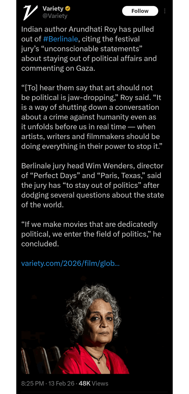 Indian author Arundhati Roy takes a stand against the 'let's keep politics away from art' gang
