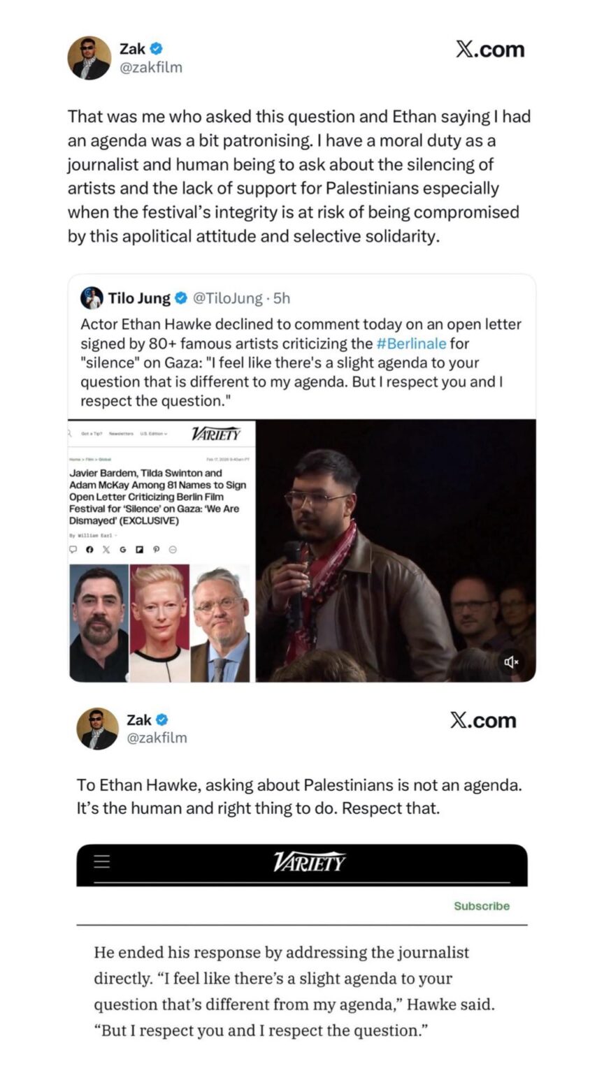 Journalist responds to Ethan Hawke: “Ethan saying I had an agenda was a bit patronising. I have a moral duty as a journalist and human being to ask about the silencing of artists and the lack of support for Palestinians”