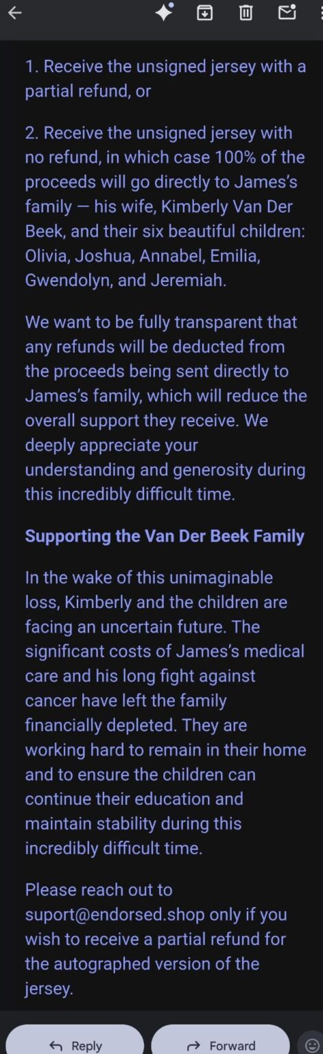 After James Van Der Beek’s death, fans who previously purchased jerseys with the option to have them signed are now being guilted over whether to request a refund