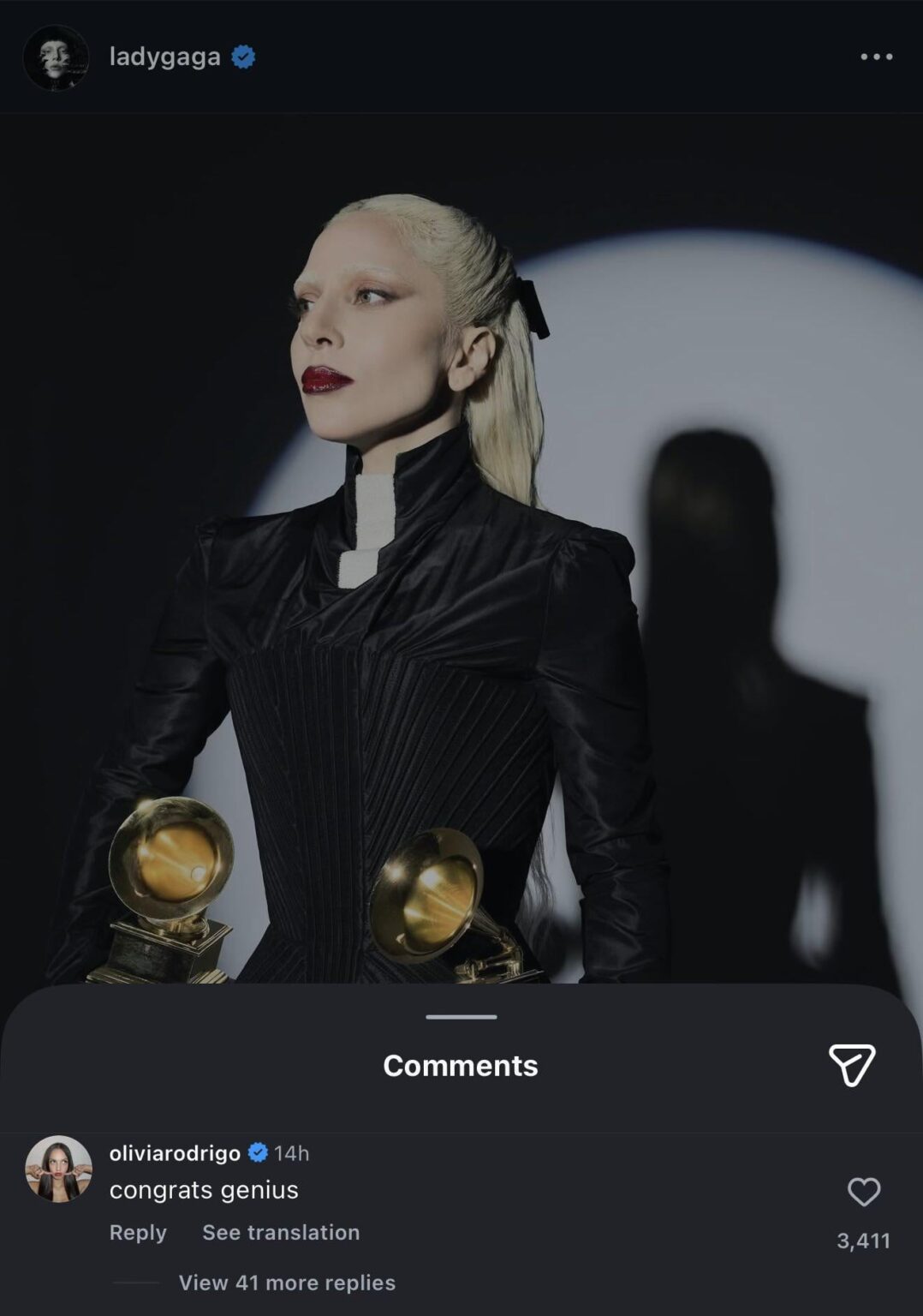 Olivia Rodrigo commented on Lady Gaga’s Instagram post: congrats genius