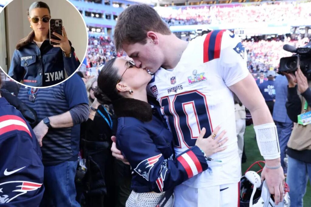 Drake Maye kisses wife Ann Michael on the field before Super Bowl 2026