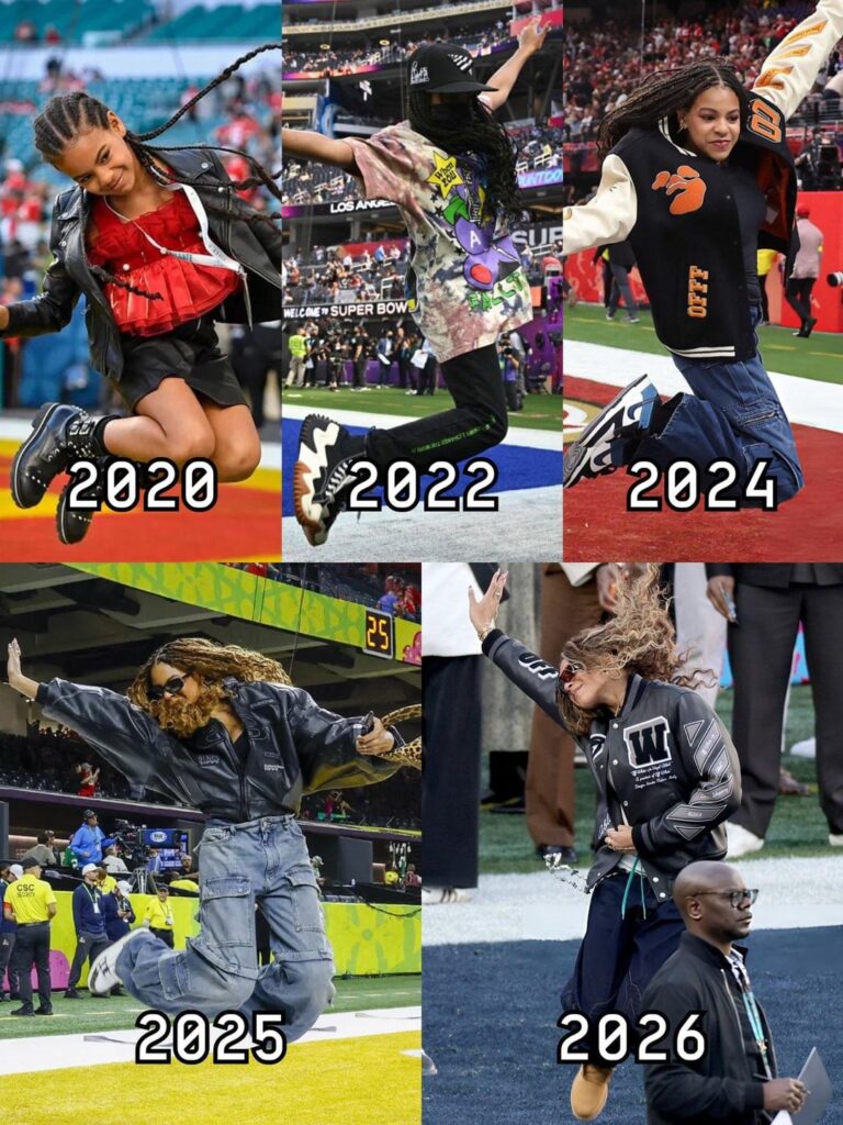 Blue Ivy attended the Superbowl with her dad and sister and did her annual jumping picture on the field