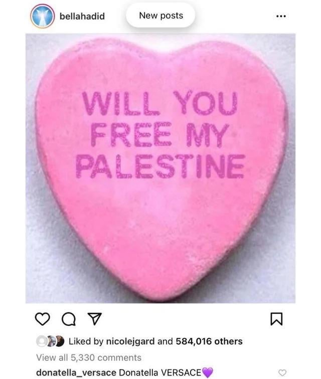 Happy belated Valentine’s Day, throwback to Bella Hadid’s “Free Palestine” conversation heart and Donatella Versace’s iconic comment 🩷