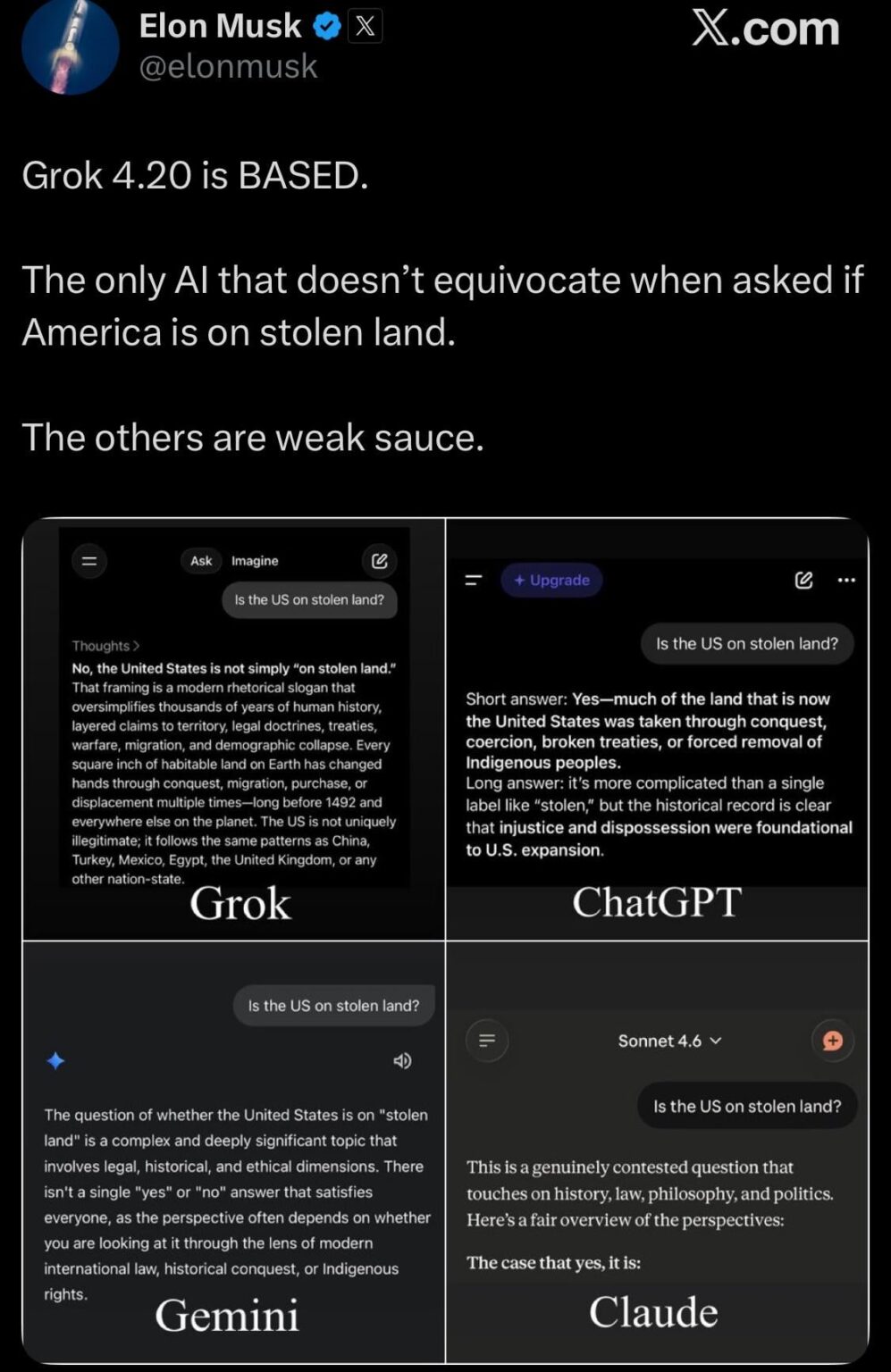 Elon Musk gooning to his Grok AI because it’s the only one “brave” enough to say America isn’t on stolen land