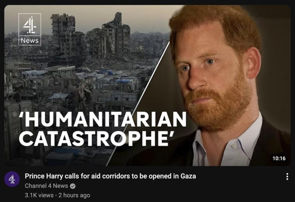 Prince Harry has told Channel 4 that food and medical aid corridors urgently need to be opened to help people in Gaza