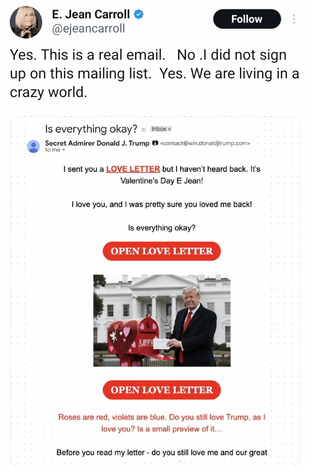 An email mocking Trump’s sex assault victim E. Jean Carroll is being sent out by the official Trump campaign. Carroll herself received this email and confirms it via twitter.