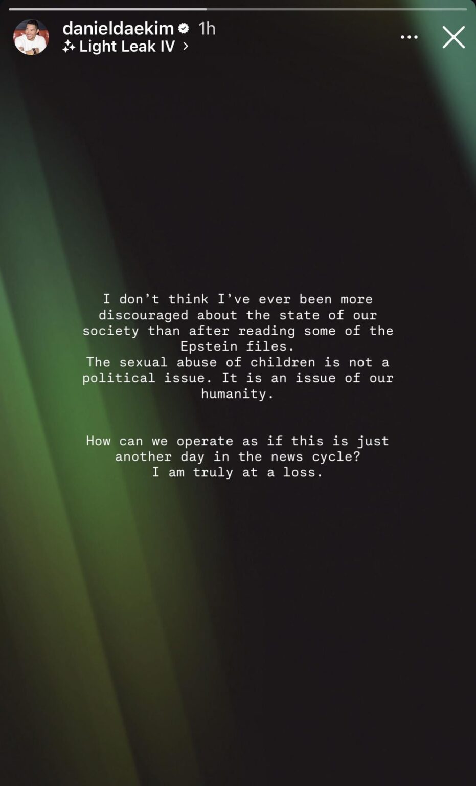 Daniel Dae Kim on the Epstein files: “The sexual abuse of children is not a political issue. It is an issue of our humanity. How can we operate as if this is just another day in the news cycle? I am truly at a loss.”